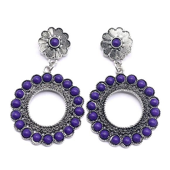 Silver with Purple Turquoise Boho South Western Native Post Back Earrings - Picture 1 of 6